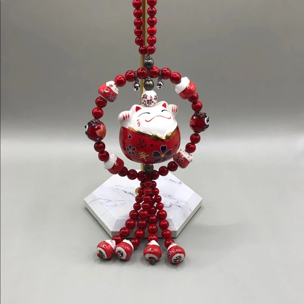 Vintage 90's Maneki Neko Ceramic Hanging Amulet Charm Hanger Hang Up Japan